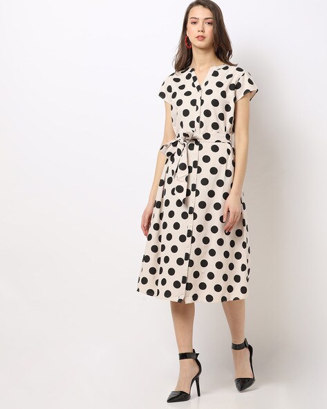 Polka-Dot Print A-line Dress with Fabric Belt