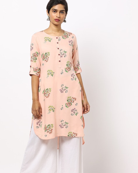 Floral Print Straight Kurta with Curved Hemline