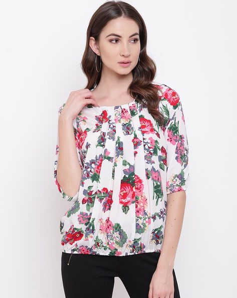 Floral Print Top with Box-Pleats