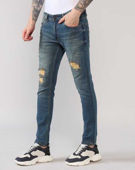 Lee Cooper Men Mid-Wash Distressed Slim Fit Jeans