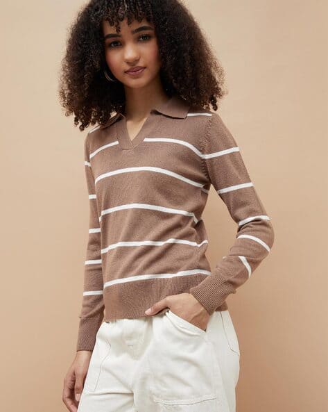 Fame forever by lifestyle Women Stripes Regular Fit T-Shirt