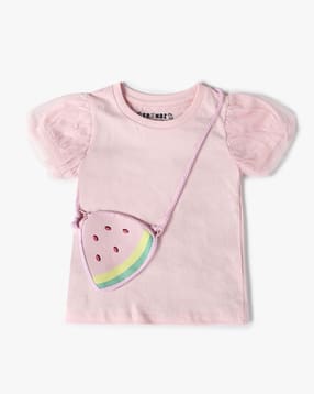 Girls Regular Fit Round-Neck T-Shirt with Water Melon Print Sling Bag