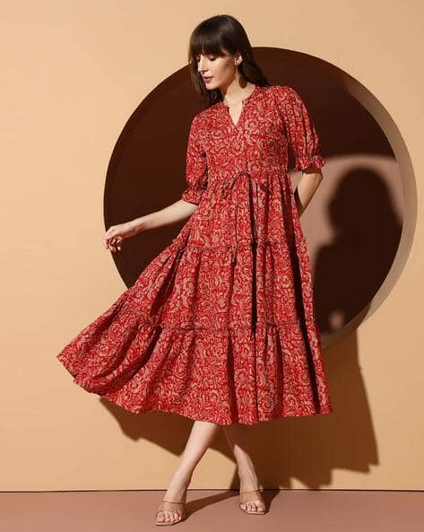 Dark Red Floral Dress Women Floral Print A-Line Dress