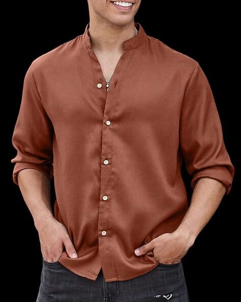Indo Men Regular Fit Shirt with Mandarin Collar