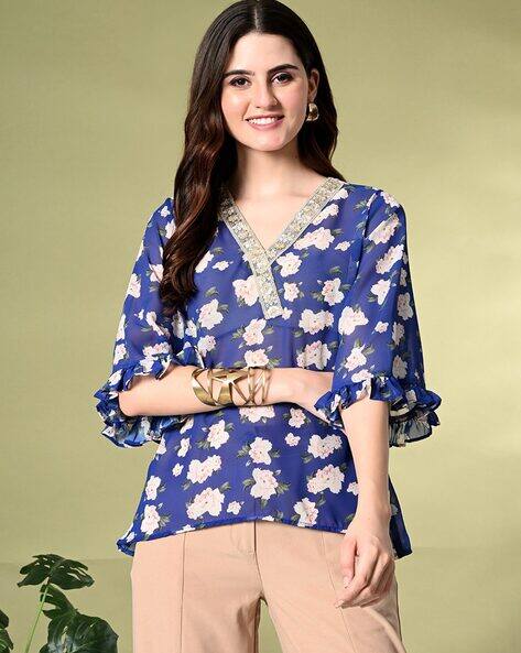 Myshka Women Floral Print Relaxed Fit Top with Bell Sleeves