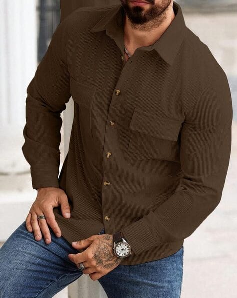 Men Ribbed Regular Fit Shirt with Flap Pockets