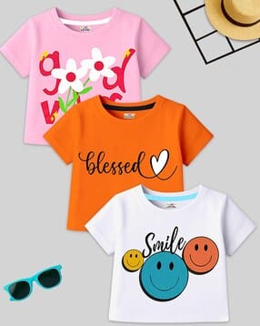 Pack of 3 Girl Graphic Print Crew-Neck T-Shirts