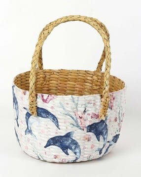 Printed Basket-Weave Jute Bag with Handles-image-1