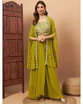 Women Embroidered Shrug with Skirt & Crop Top Co-Ord Set