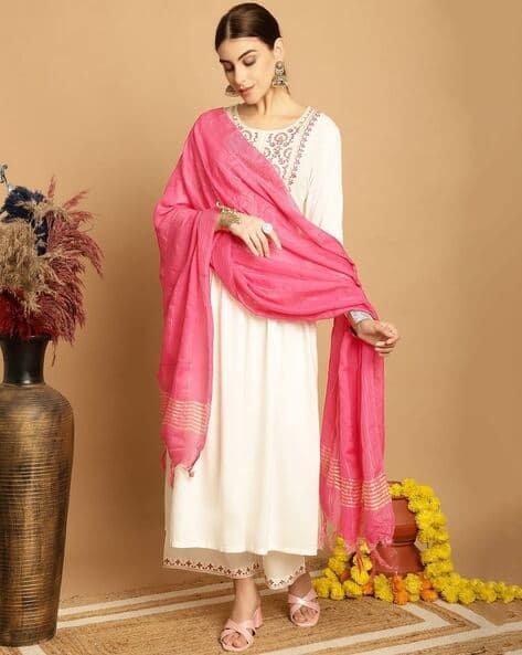 Tulsattva Women Embroidered A-Line Kurta with Palazzos & Dupatta Set