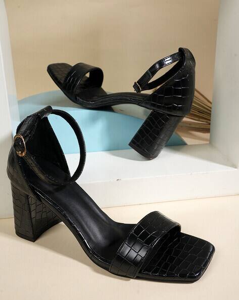 MOZAFIA Women Croc-Embossed Slingback Chunky Heeled Sandals