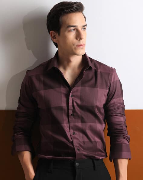 Rare Rabbit Checked Slim Fit Shirt with Spread Collar