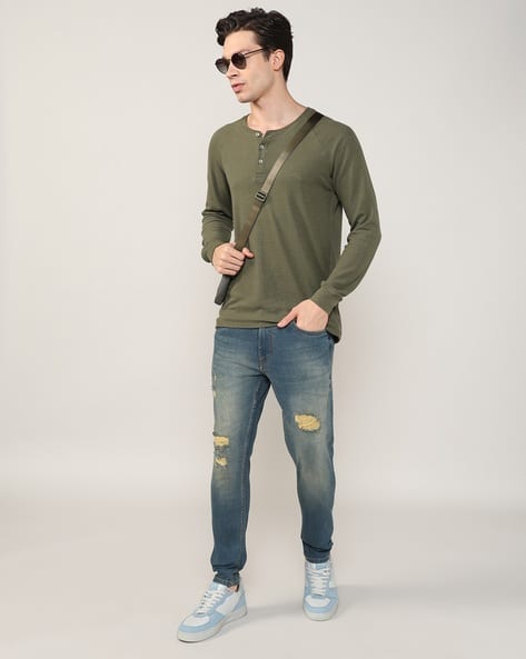 Lee Cooper Men Lightly Washed Distressed Cropped Slim Fit Jeans