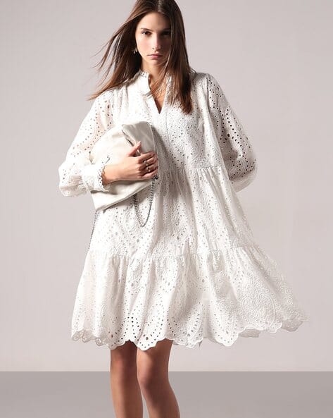 Vero Moda Women Schiffli Embroidered Tiered Dress