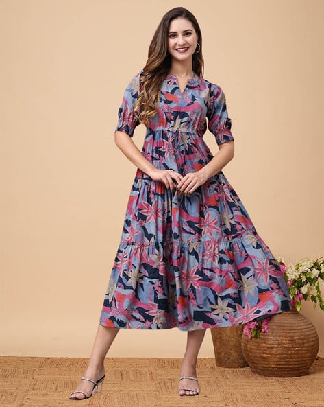 slim fit dress slacks Taylor Printed Chiffon Belted Fit and Flare Dress