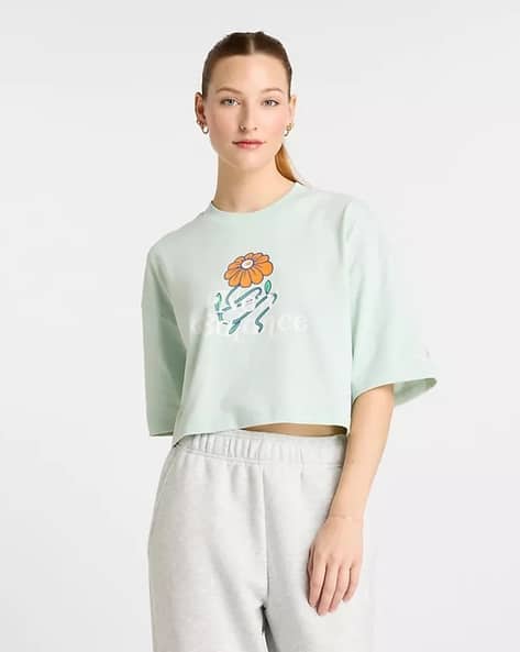 NEW BALANCE Floral Print Athletics Cropped Crew-Neck T-Shirt