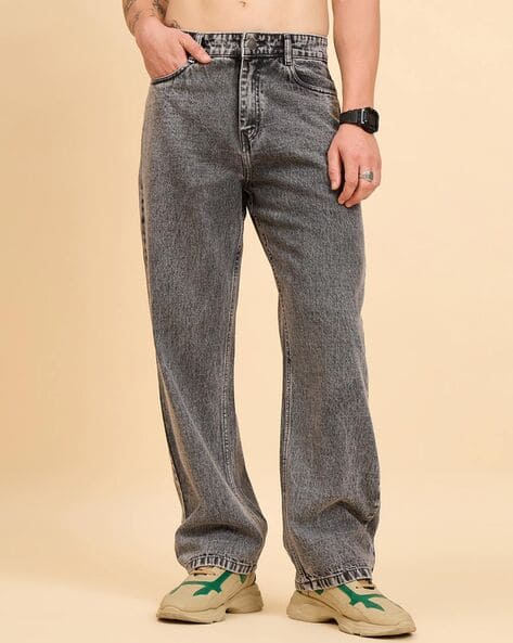 Men Washed Baggy Mid Rise Waist Jeans
