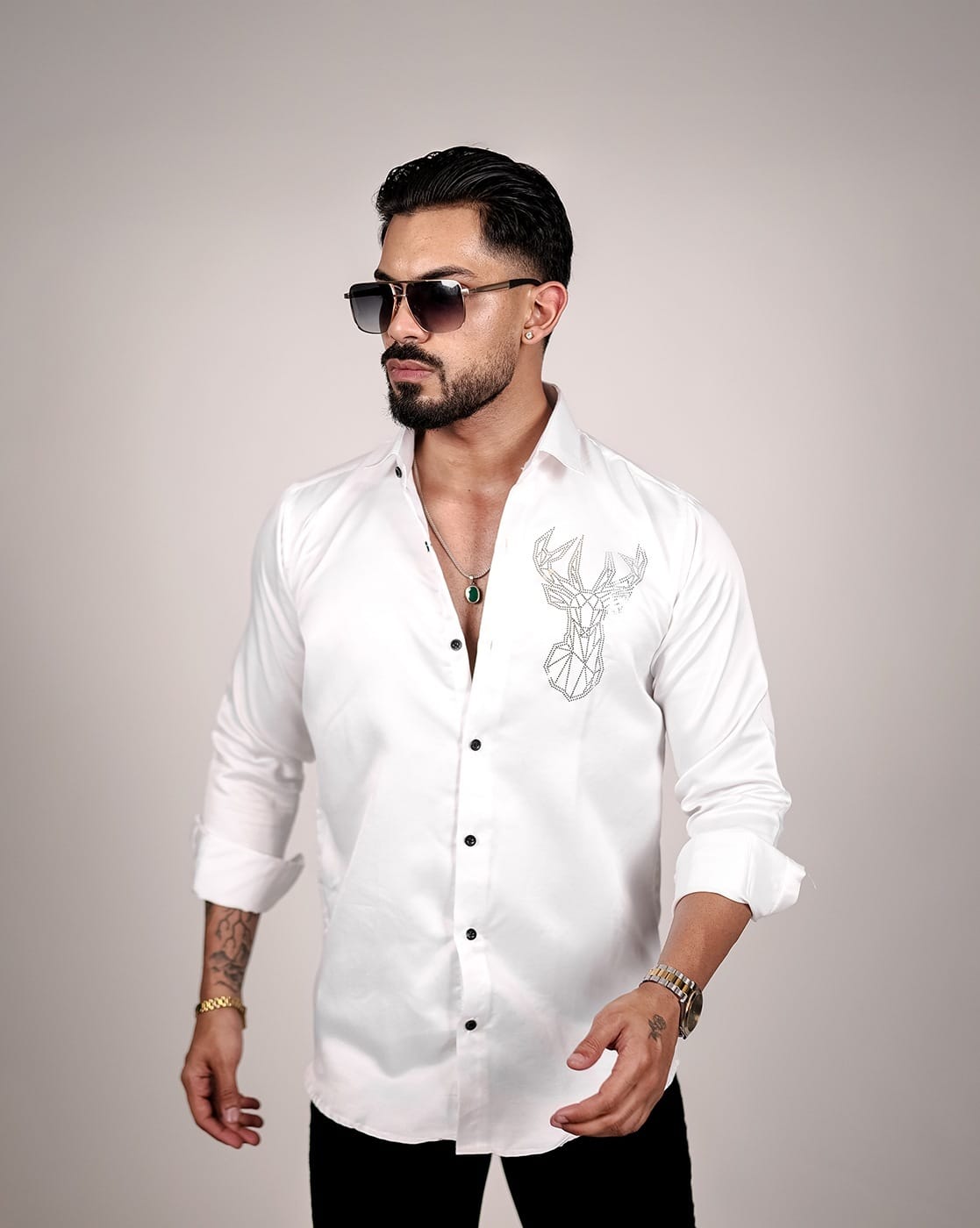 もん REFINEMENT FORM SHIRT 白ホワイト White Cotton Thread Hand Embroidered Shirt by Abkasa at Pernia's