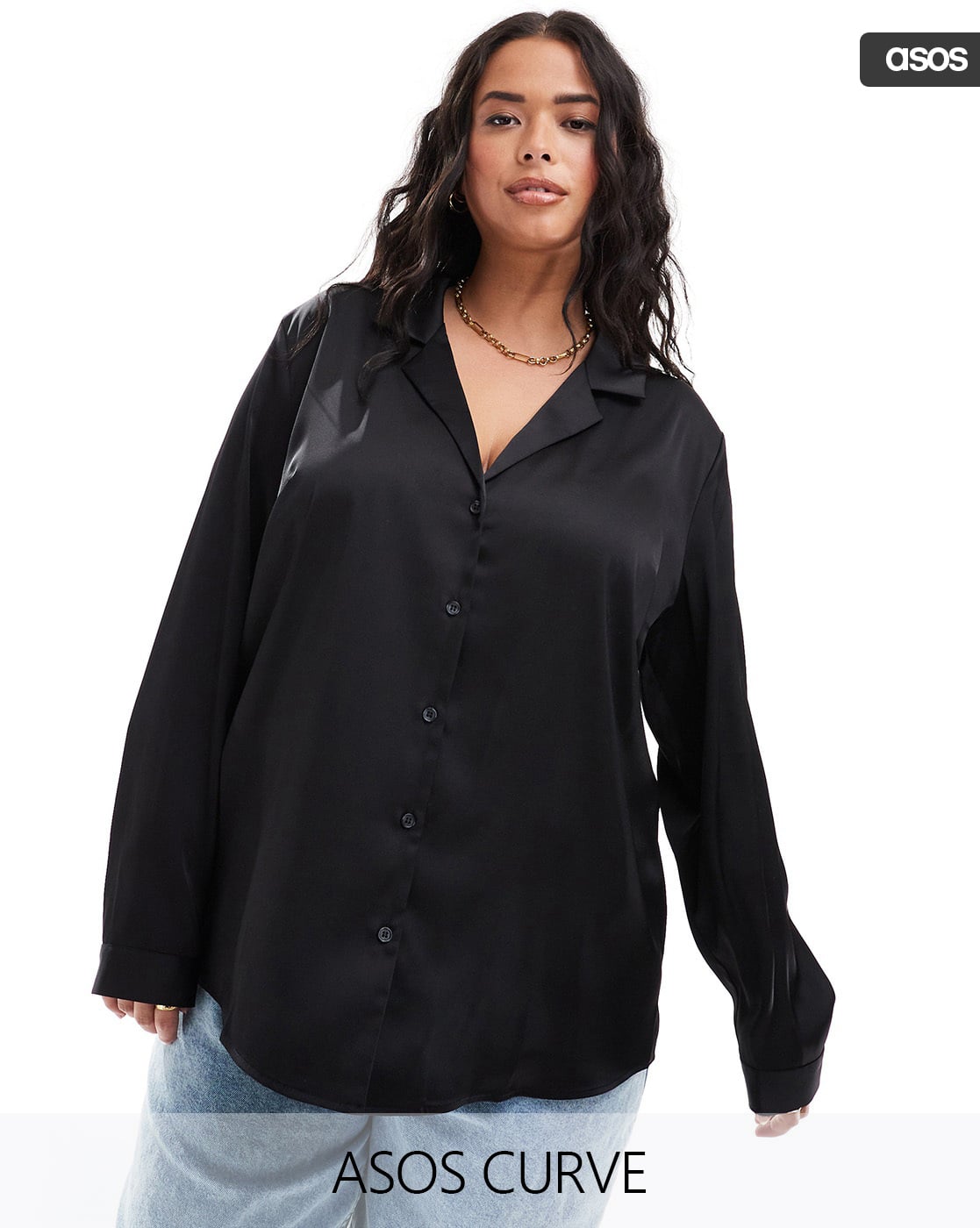 Women Curve Relaxed Fit Long Sleeve Revere Satin Shirt