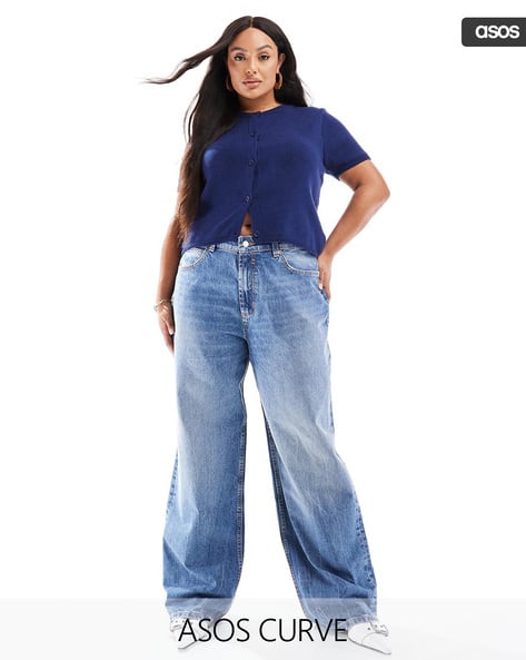 Mid-Wash Curve Wide-Leg Dad Jeans