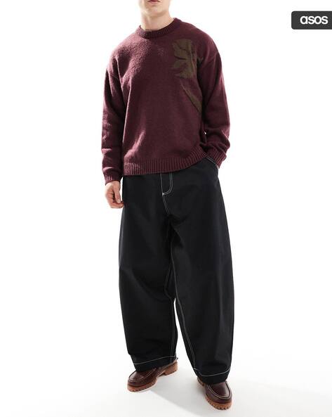 ASOS DESIGN Super Baggy Fit Flat-Front Trousers with Contrast Stitching