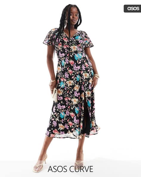Floral Print CurveSeam Detail Tea Midi Dress