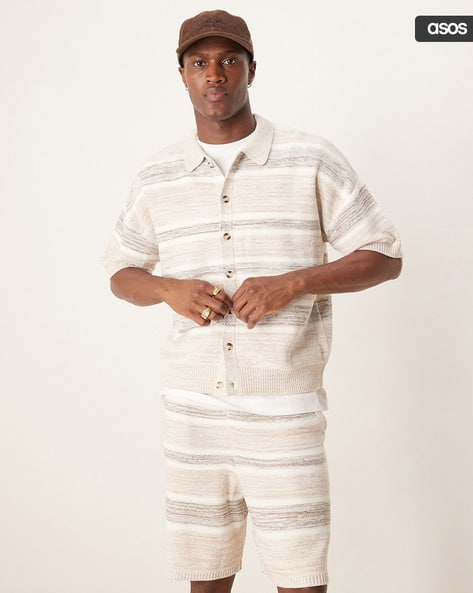 ASOS DESIGN Space Dye Striped Relaxed Boxy Fit Knitted Button Through Co-Ord Shirt