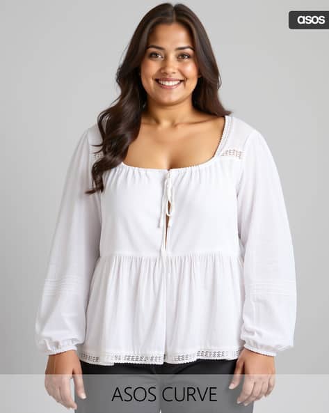 Women Curve Long Sleeve Square-Neck Blouse with Lace Inserts