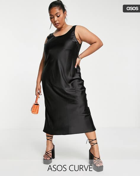 Women Curve Scoop-Neck Midi Sheath Slip Satin Dress