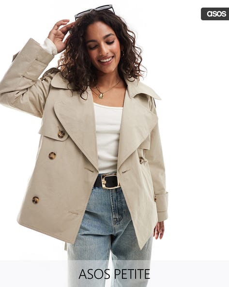 Women Petite Regular Fit Trench Coat with Waist Tie-Up Belt