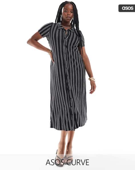 Striped Curve Short Sleeve Button Through Midi Dress
