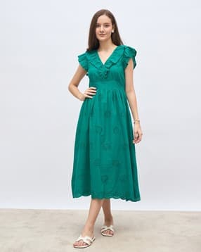 styli Women Schiffli V-Neck Fit And Flare Midi Dress-picture-13