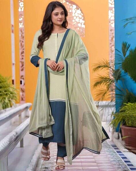 GOSRIKI Women Straight Kurta Set with Lace Trim