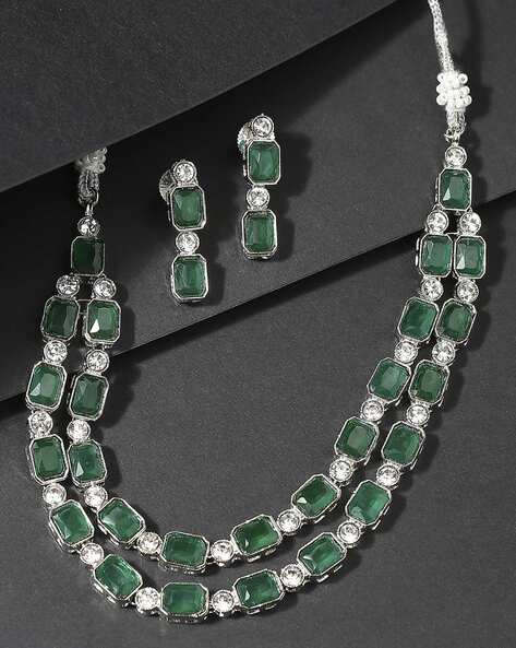 Fabula Women Silver-Plated Stone-Studded Necklace & Earrings Set