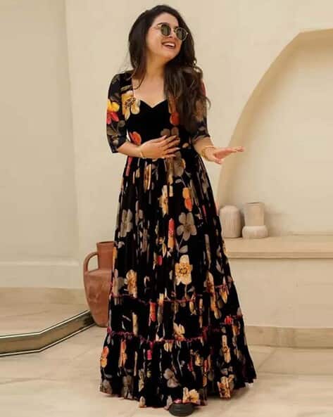 chinese dress ladies Buy DEEBACO Floral Print Chiffon Plus Size Tiered Maxi Dress for  Women's|V-Neck 3/4 Straight Sleeves|Fit & Flare Maxi Length Summer Western  Party Casual Wear Dress for Ladies at Amazon.in