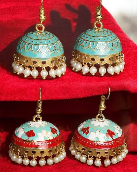 Oomph EHC55EHC58-Set of 2 Meenakari Jhumkas with Pearl Drops