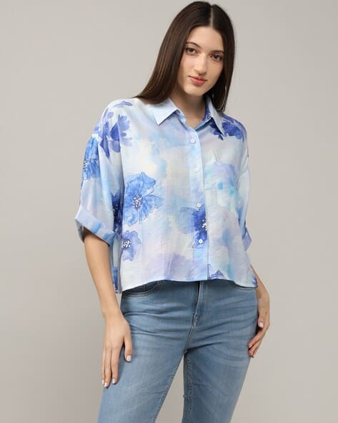 Lee Cooper Women Floral Print Boxy Fit Shirt with Patch Pocket