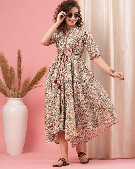 Women Allover Floral Print Asymmetric Hem Waist Tie-Up Tassel Drawstring  Midi Dress