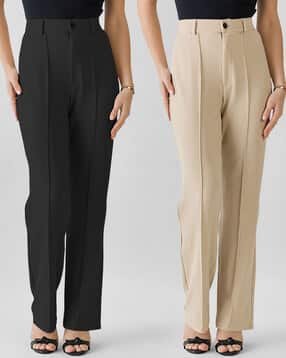 Women Pack of 2 Straight Fit Pleat-Front Trousers