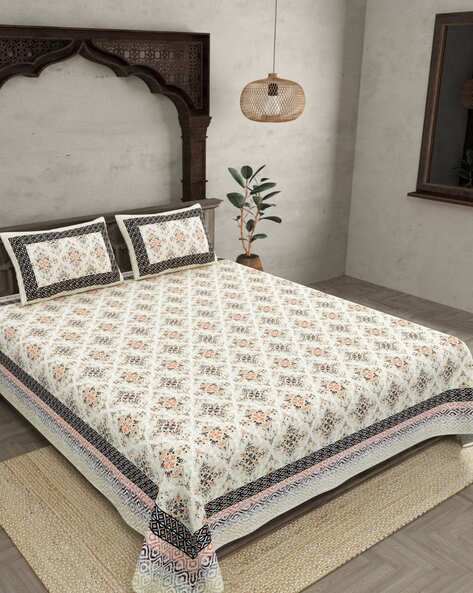Jaipur Fabric Floral Print Double Bedsheet With 2 Pillow Covers