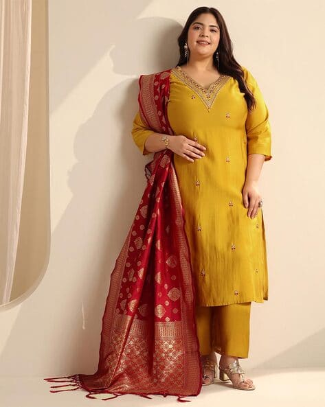 Libas Floral Embroidered Sequinned Pure Silk Straight Kurta With Lining