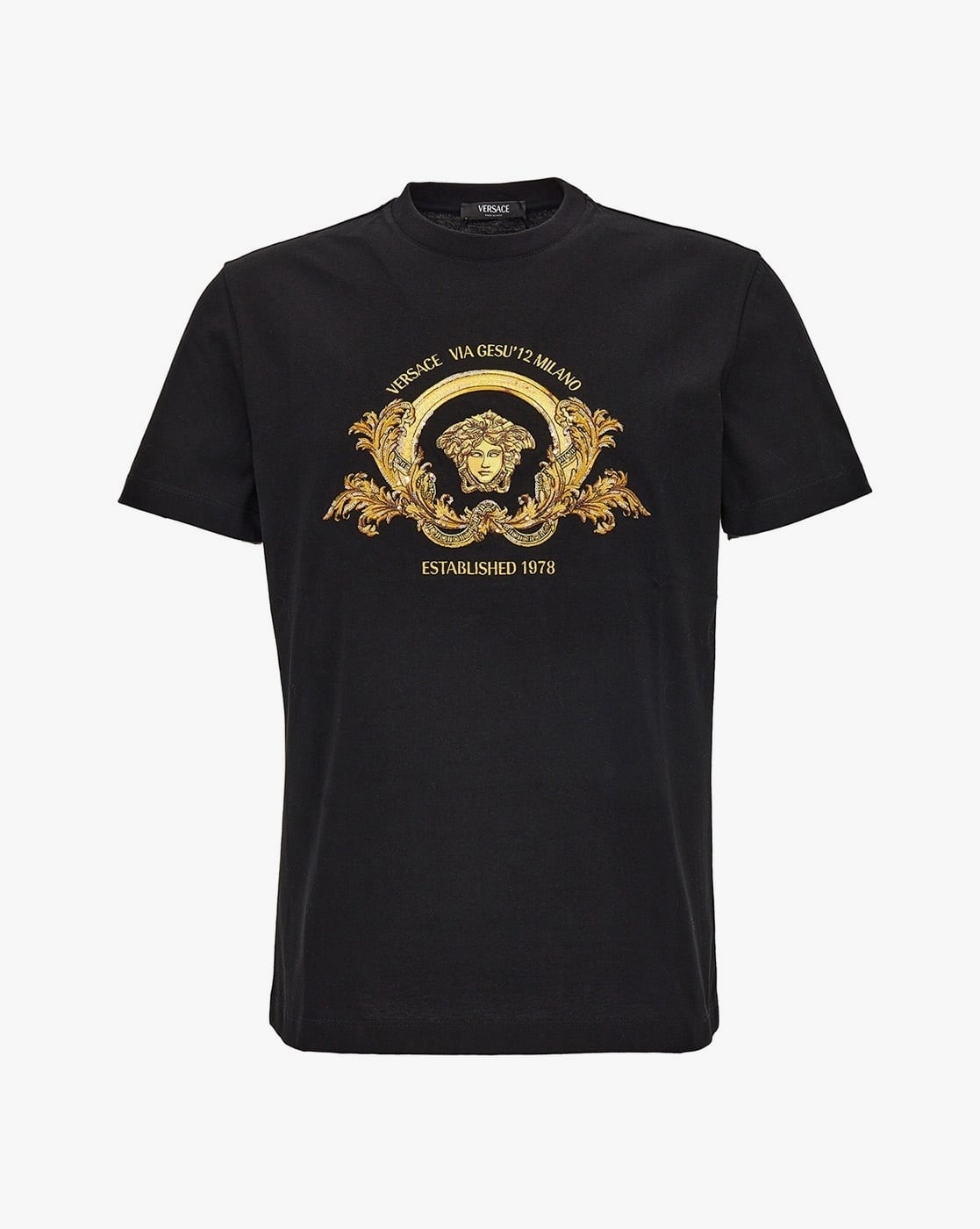 Buy VERSACE Embroidered Coupe Blason T-Shirt | Black Color Buy VERSACE Embroidered Coupe Blason T-Shirt | Black Color