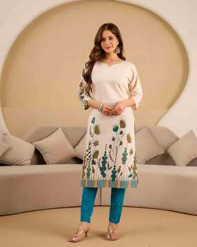 Women Floral Print No Darts Straight Kurta