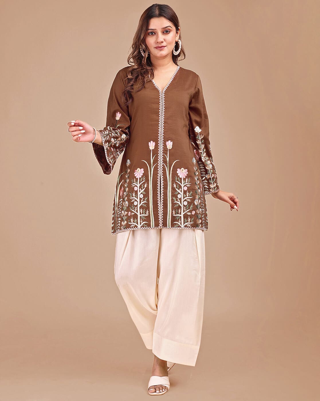 TIKHI IMLI Women Embroidered 2-Piece Co-Ord Set (Brown)