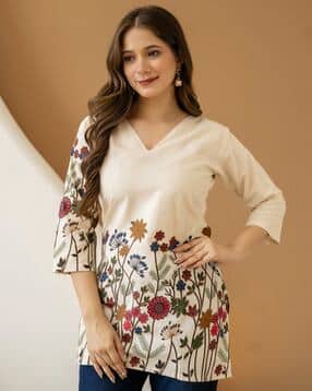 Women Floral Print No Darts Straight Tunic