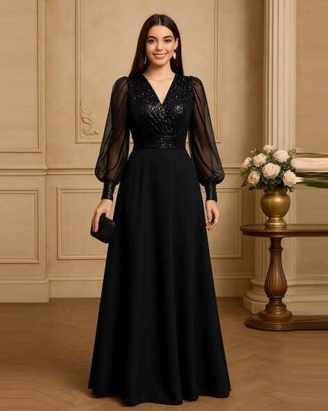 Women Fit Flare Dress with Puff Sleeves