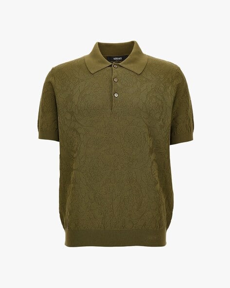 Buy VERSACE Barocco Knit Polo T-Shirt Olive Green Color Men
