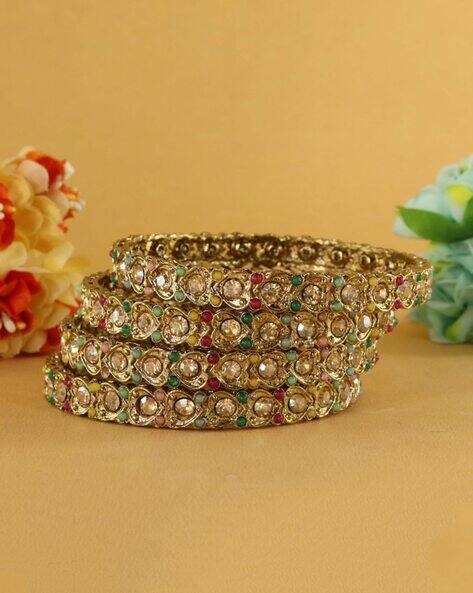 NMII Women Set of 4 Gold-Plated Stone-Studded Bangles
