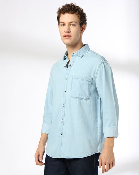 DNMX Men Slim Fit Denim Shirt with Patch Pocket