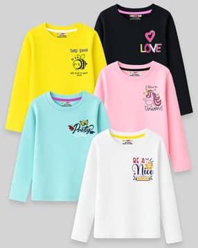 kuchipoo Girls Pack of 5 Typographic Print Relaxed Fit Round-Neck T-Shirts-picture-22